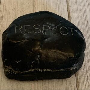 Vintage Hen-Feathers Black Rock Sculpture RESPECT Engraved on Top Garden Stone